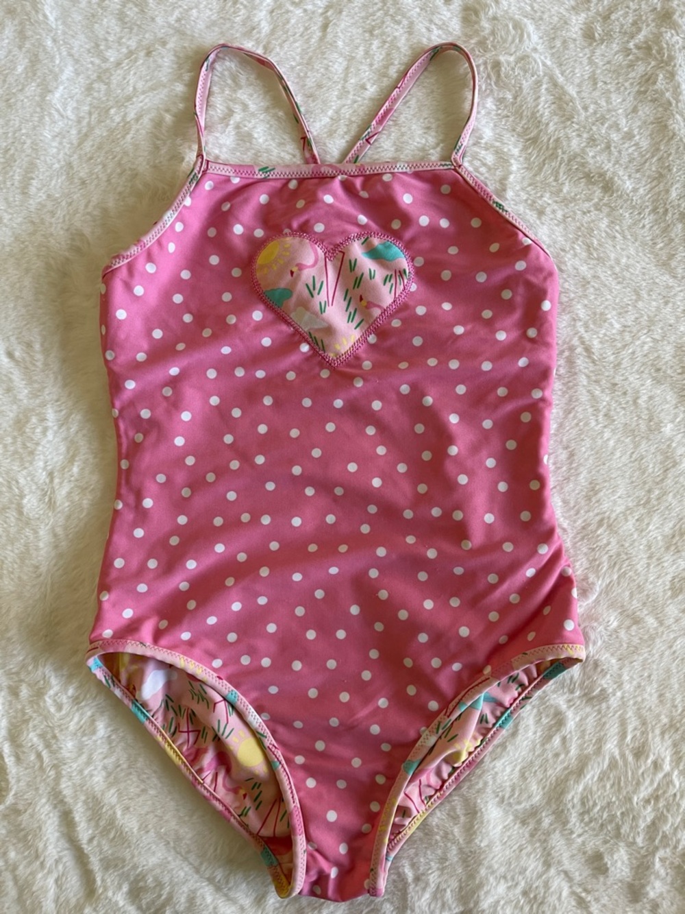 Hanna Andersson Pink Polka Dot Girls One-Piece Swimsuit with Heart Accent SZ 150